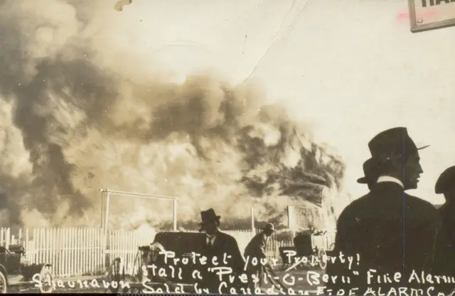 Fire in Shaunavon, fire alarm advertising postcard